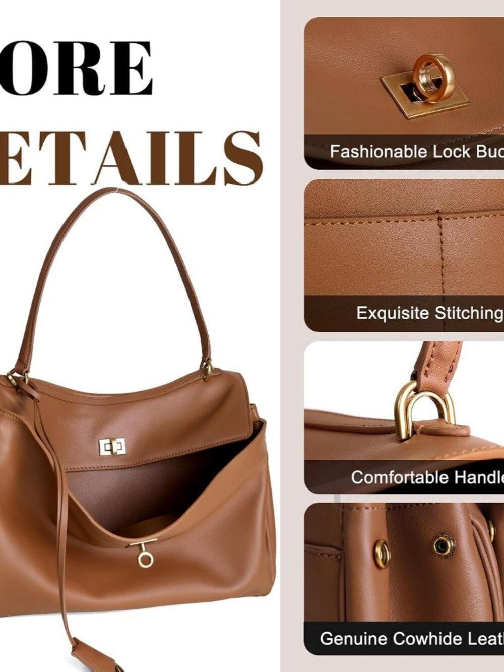 Women's Leather-Brown Soft Cowhide Shoulder Satchel Purse Stylish Hand bags - Picture 4 of 6